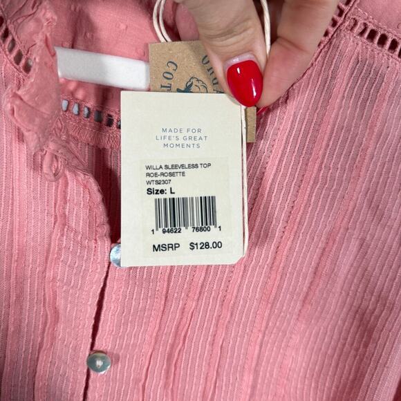 Faherty Willa Sleeveless Boho Blouse Tank Top Rosette Pink Womens L - Picture 11 of 11